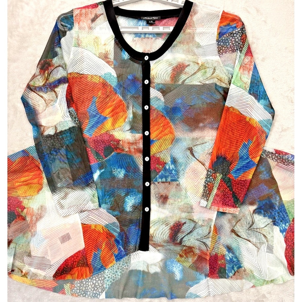 Michael Tyler Women  Large Multi Color Tunic Top Button Up People Bottom Sheer